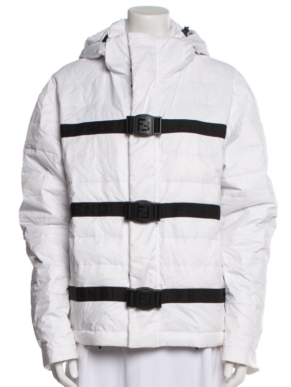 Fendi White Hooded Puffer Jacket with Black Monogram FF Buckles